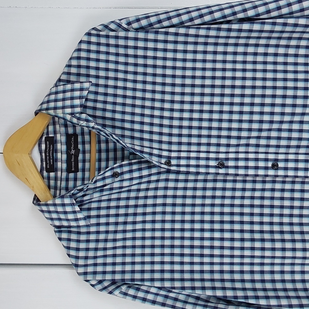 Beverly Hills Polo Club |Mens Blue Plaid Button Down Dress Shirt Preppy Sz.L